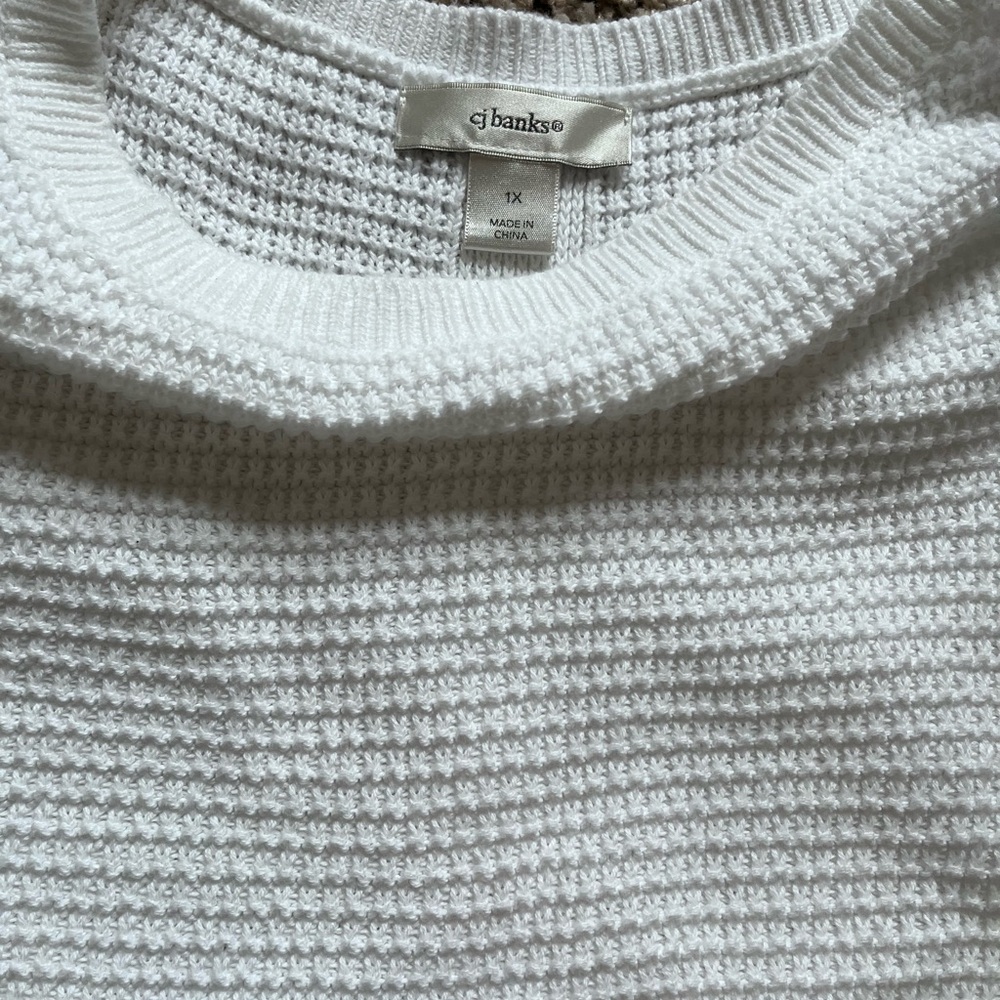 CJ Banks White Textured Oversized Short Sleeve Sweater Button Back - Picture 4 of 6